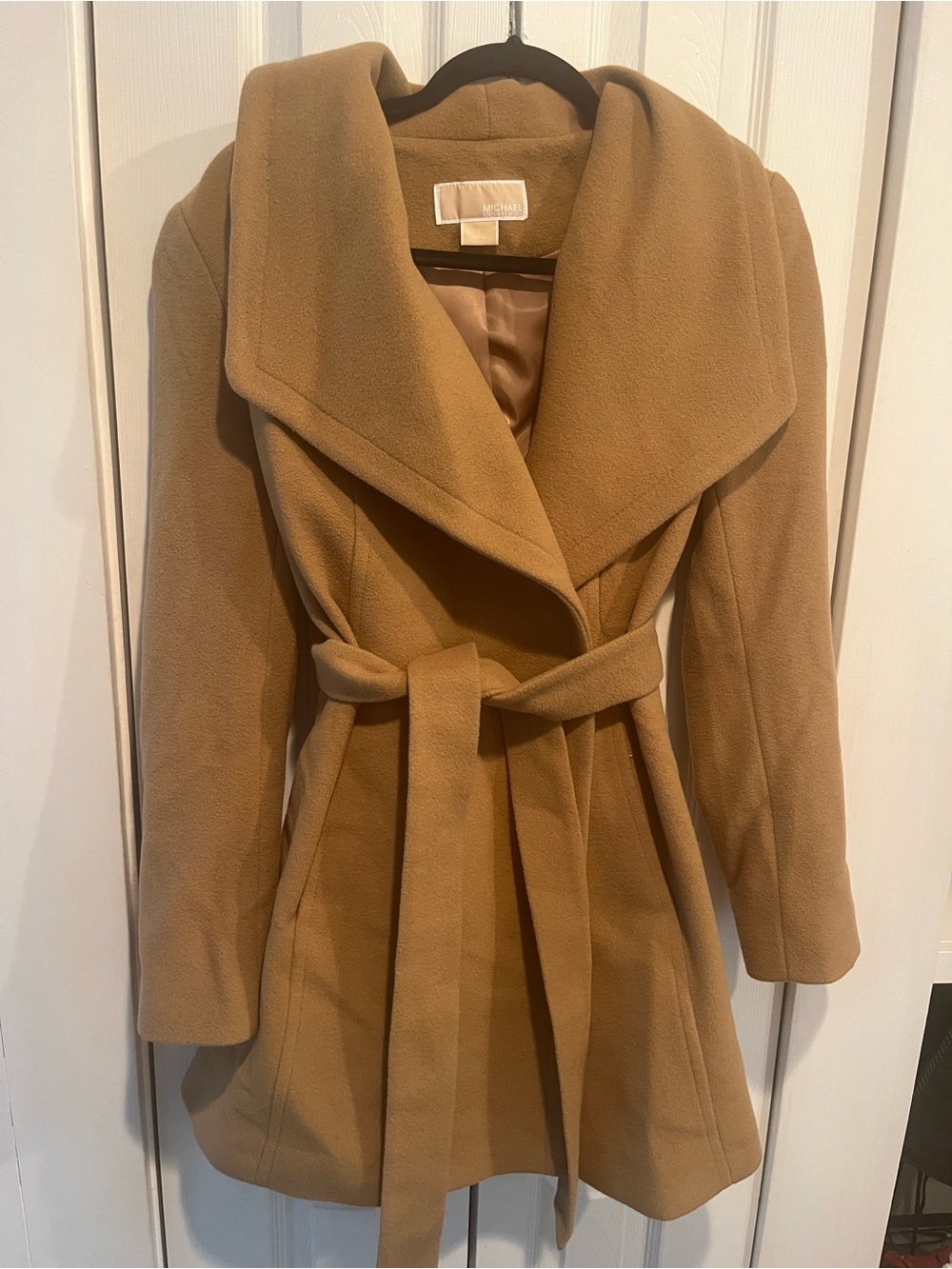 Michael Kors Camel Wrap Trench Coat with Shawl Collar Sz M